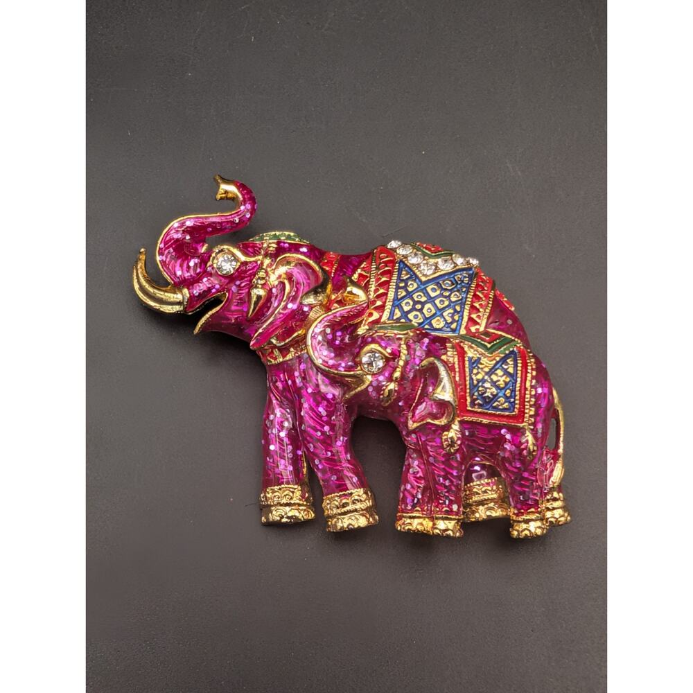 Vintage Elephant Brooch Pink Magenta Enamel Rhinestone Mother Baby Figural Pin
